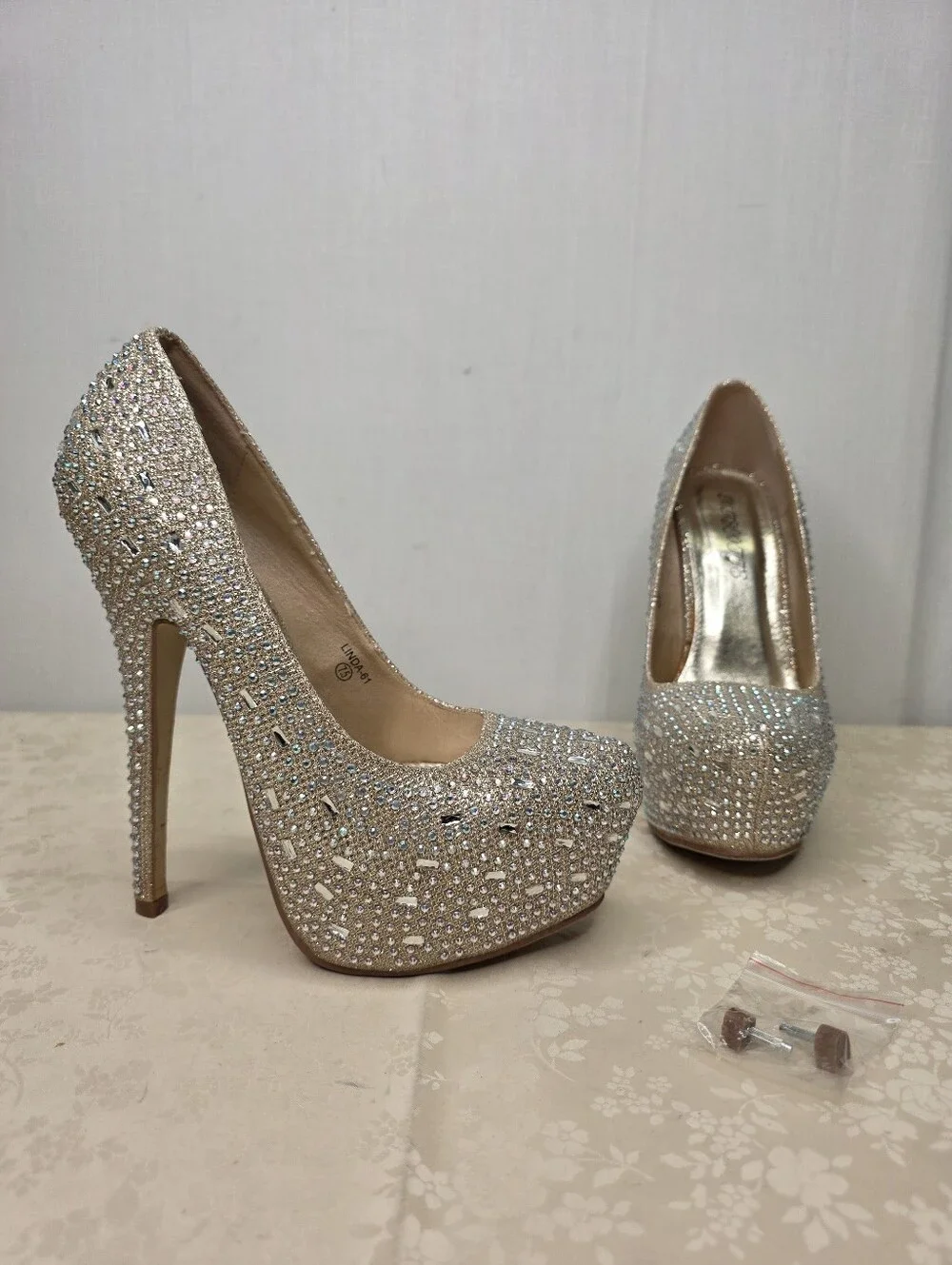 Bling Glitter Rhinestone Stiletto Platform Heels Prom Wedding Gold 7.5